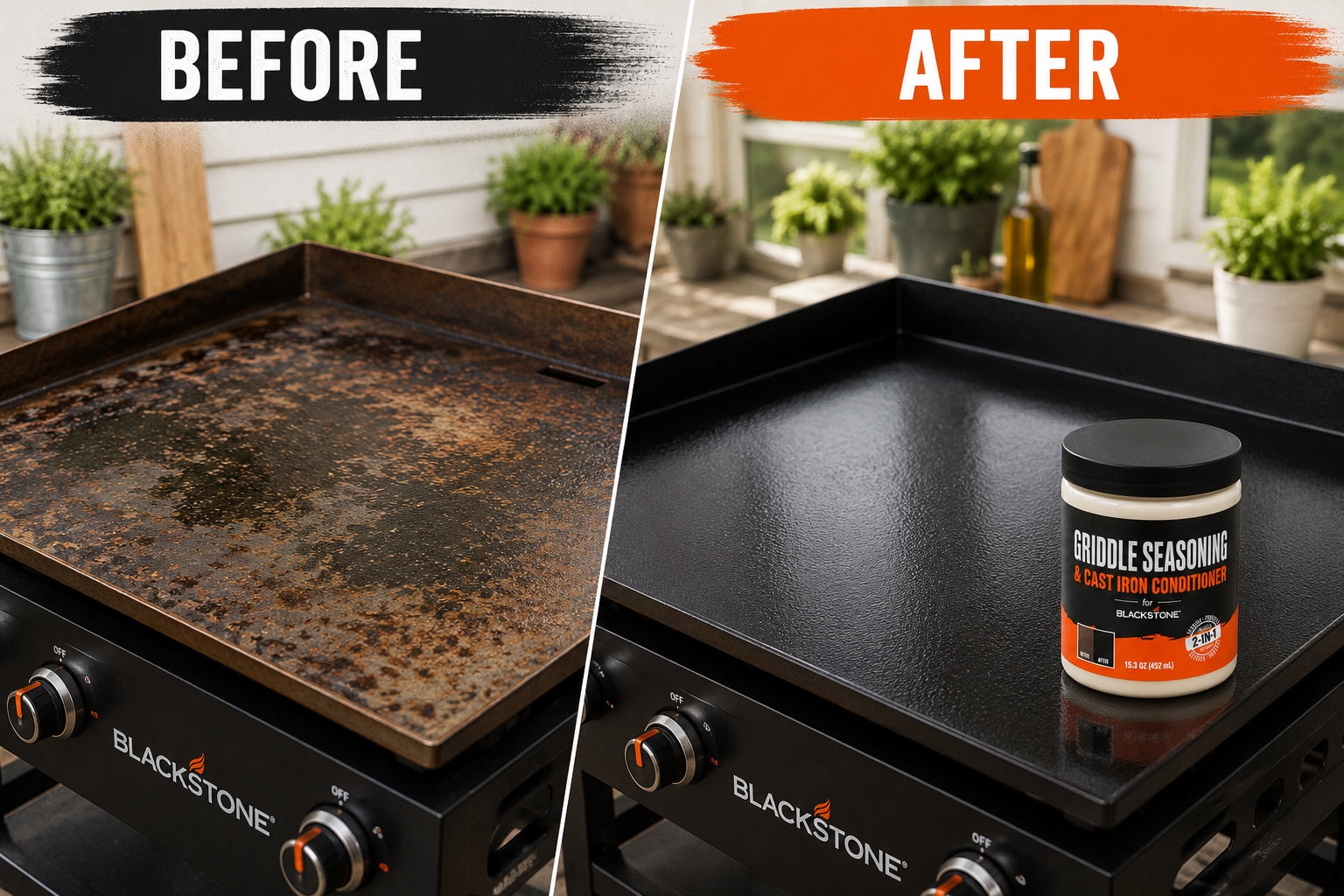 Before: a rusted, neglected griddle surface. After: a smooth, seasoned black surface treated with Griddle Seasoning & Cast Iron Conditioner.