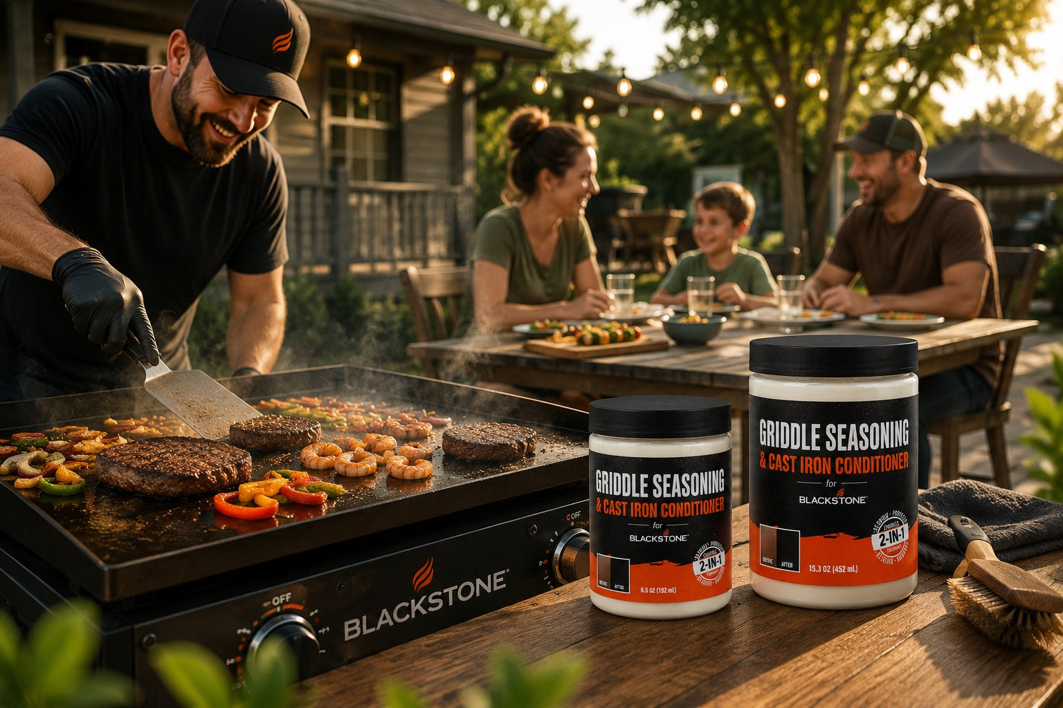A griller uses Griddle Seasoning & Cast Iron Conditioner while family gathers around the Blackstone griddle